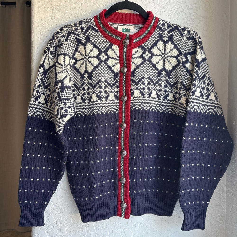 REI Vintage Womens S Wool Sweater Nordic Fair‎ Isle Retro Cardigan Navy Blue USA